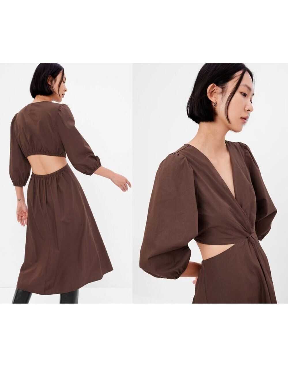Gap | Puff Sleeve Cutout Midi Dress In Woodsy Brown (XL-Tall) - Picture 2 of 12